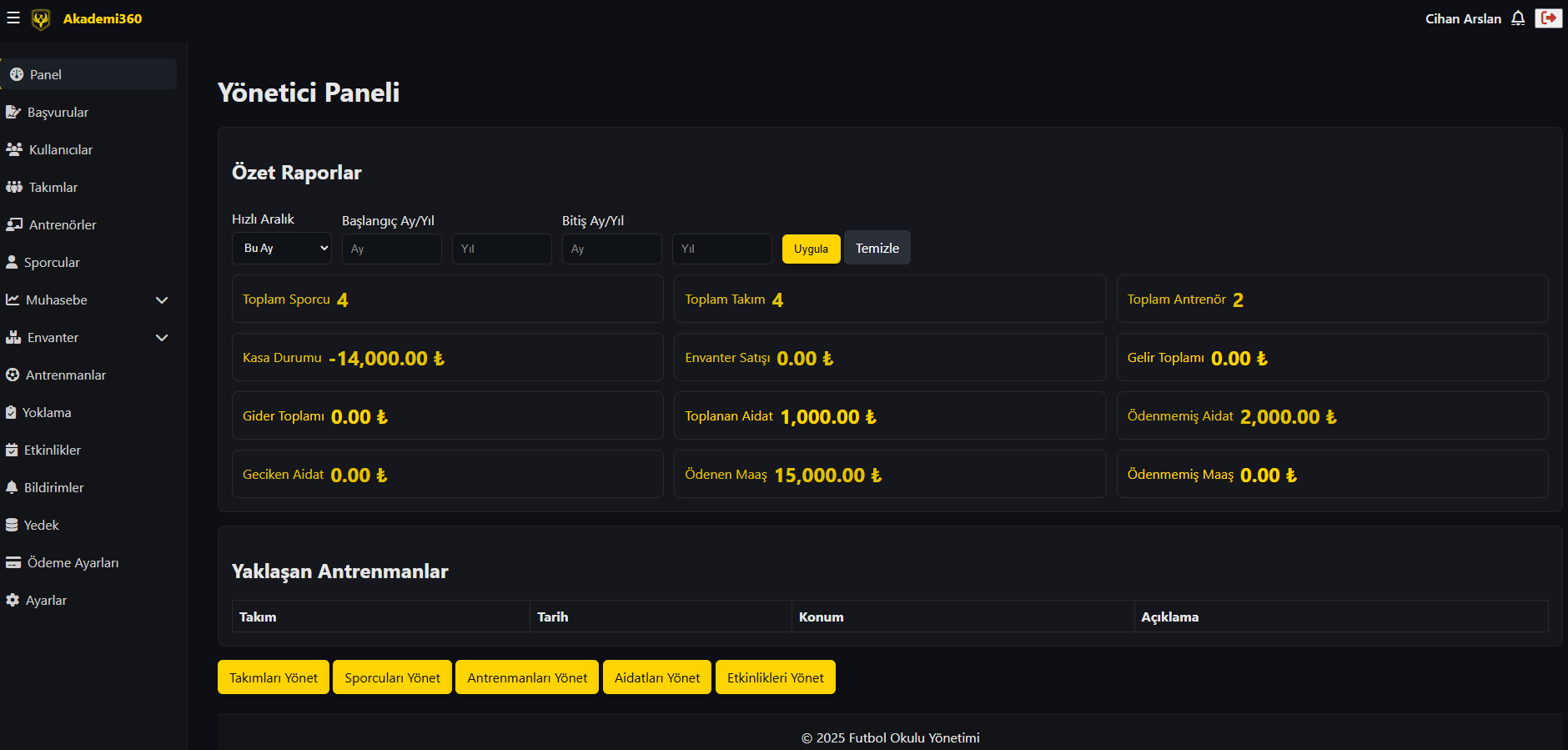 Akademi360 Spor Okulu Yönetim Paneli